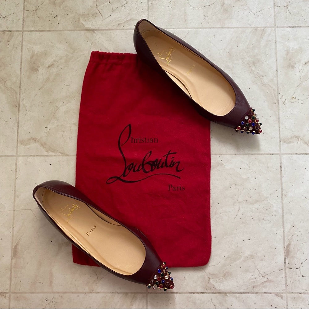 Christian Louboutin Cabo Burgundy Leather Studded Pointed Toe Ballet Flats 6.5